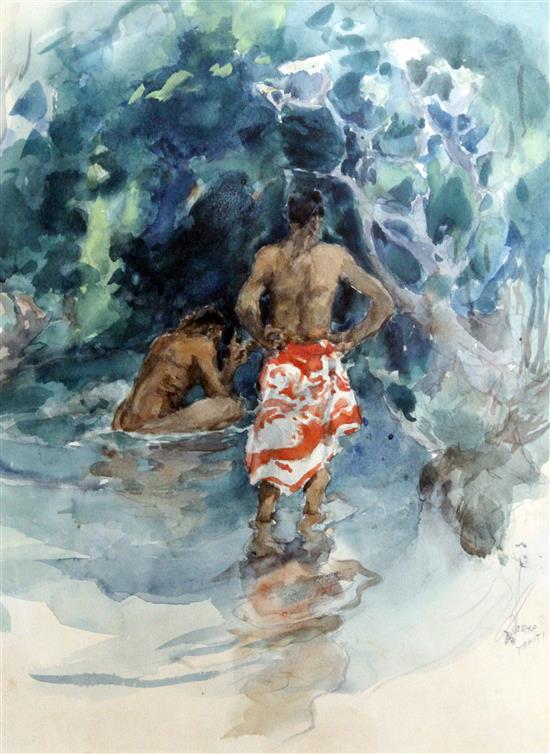 Charles Sarka (American, 1879-1960) Figures bathing in a woodland pool, 13 x 10in.